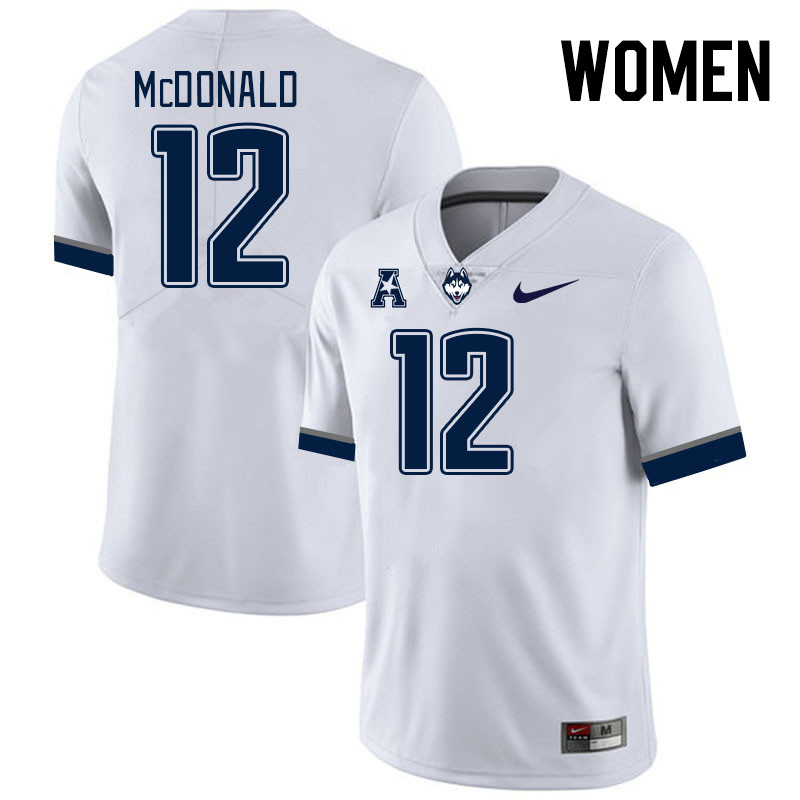 Women #12 Tucker McDonald Connecticut Huskies College Football Jerseys Stitched Sale-White - Click Image to Close